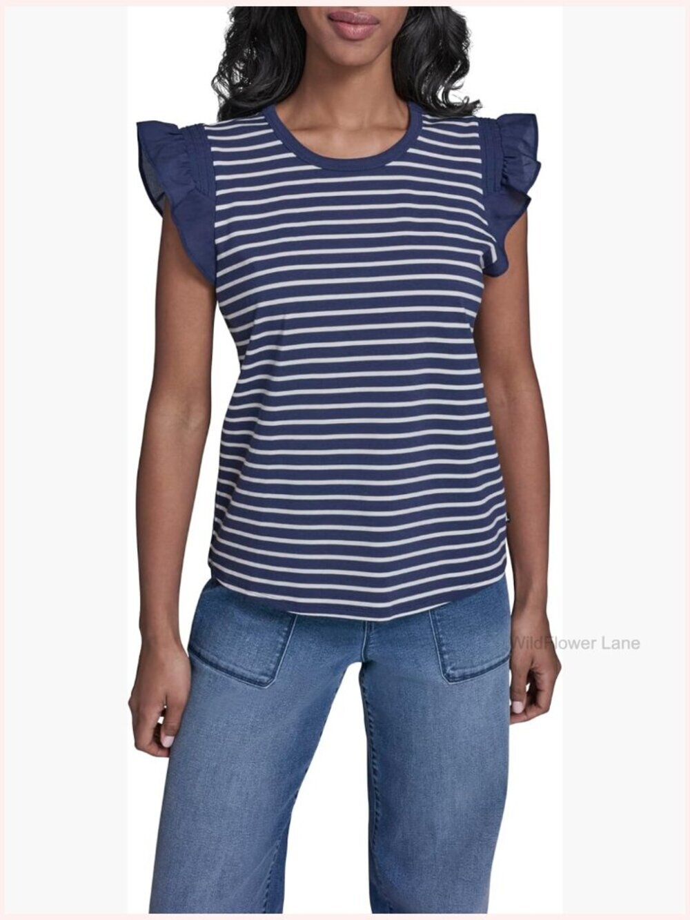 Nautical Ruffle Sleeve Striped Blouse - Relaxed Fit